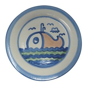MA Hadley Pottery Blue Whale Dinner Plate Hand Painted Stoneware Nautical VTG
